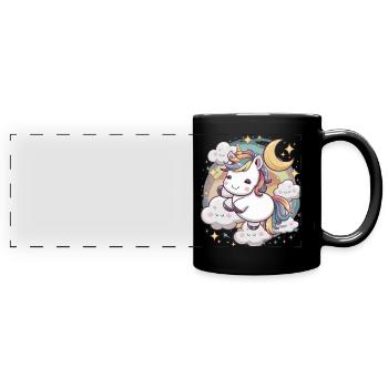 Kawaii Einhorn mit Wolken, Mond und Sternen - Panorama-Tasse farbig - Schwarz - Vorne