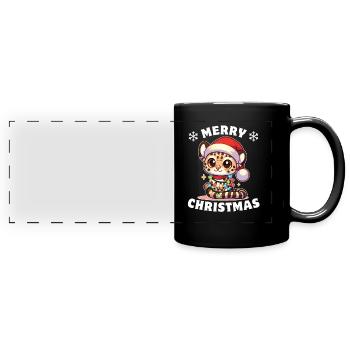 Santa Hat Christmas Fairy Lights Ocelot - Full Colour Panoramic Mug - black - Front