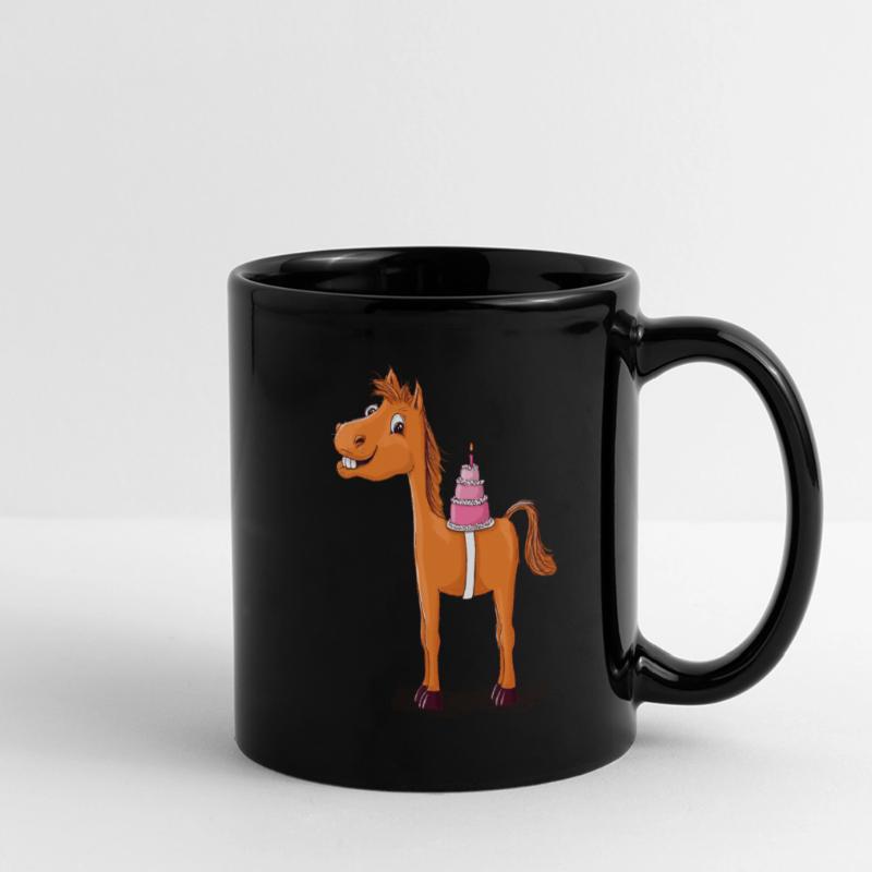 Pferd oder Pony mit Geburtstagstorte Panorama-Tasse farbig