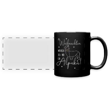 Zu Weihnachten wünsche ich mir ein Alpaka - Panorama-Tasse farbig - Schwarz - Vorne