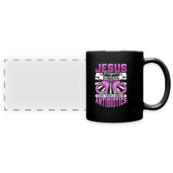 Jesus vergibt Sündern - Pfleger im Strafvollzug - Panorama-Tasse farbig - Schwarz - Vorne