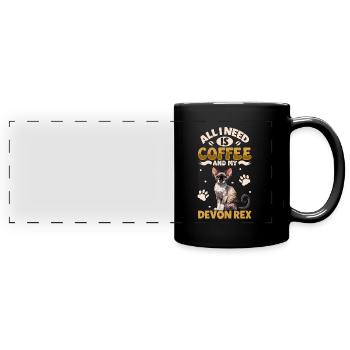 Kaffee und meine Devon Rex - Panorama-Tasse farbig - Schwarz - Vorne