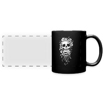Floraler Totenkopf in Schwarz-Weiß - Panorama-Tasse farbig - Schwarz - Vorne