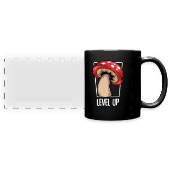 Mushroom - Level Up - Cool Gamer Fly agaric Statement - Full Colour Panoramic Mug - black - Front