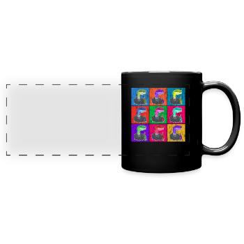 Pop Art Dino trinkt Bier in verschiedenen Farben - Panorama-Tasse farbig - Schwarz - Vorne
