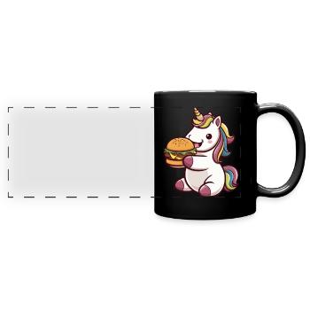 Kawaii Einhorn isst Hamburger - Panorama-Tasse farbig - Schwarz - Vorne