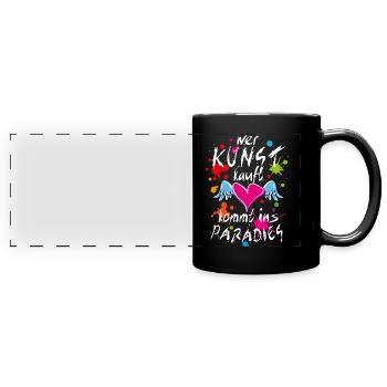 14 Wer Kunst kauft kommt ins Paradies Herz Flügel - Panorama-Tasse farbig - Schwarz - Vorne