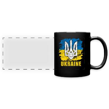 Ukraine flag with Ukraine symbol - Full Colour Panoramic Mug - black - Front