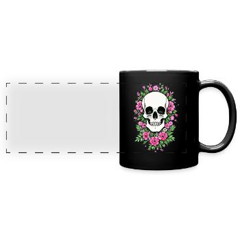 Skull Blütenschädel Totenkopf Schädel mit Blumen - Panorama-Tasse farbig - Schwarz - Vorne