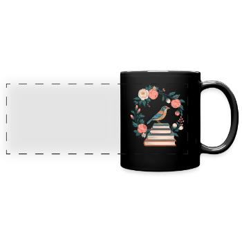Cottagecore oiseau et fleurs pile de livres - Mug panoramique uni - noir - Devant