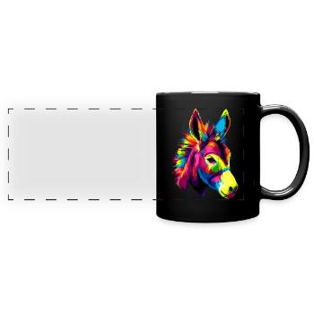 Esel in Bunt Popart Farben Hausesel Donkey Reiten - Panorama-Tasse farbig - Schwarz - Vorne