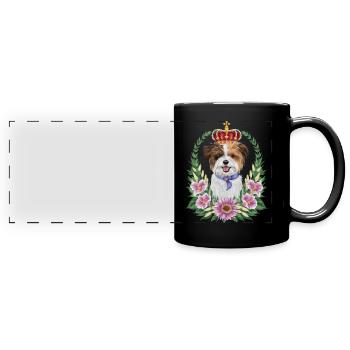 Cute Lion Dog with Flowers and Crown - Full Colour Panoramic Mug - black - Front