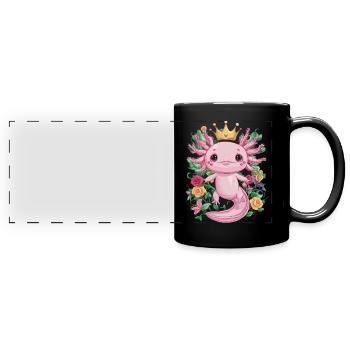 Königlicher Kawaii Axolotl mit Krone und Rosen - Panorama-Tasse farbig - Schwarz - Vorne