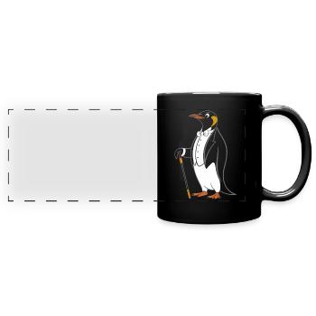 Eleganter Pinguin im Frack mit Gehstock - Panorama-Tasse farbig - Schwarz - Vorne