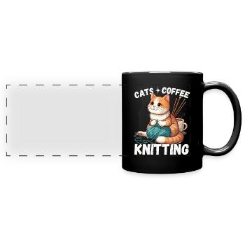 Chat café tricot laine fait à la main passe-temps mignon - Mug panoramique uni - noir - Devant