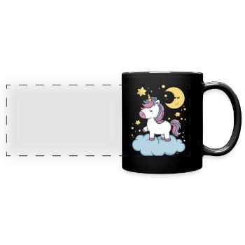 Kawaii Einhorn mit Wolken, Mond und Sternen - Panorama-Tasse farbig - Schwarz - Vorne