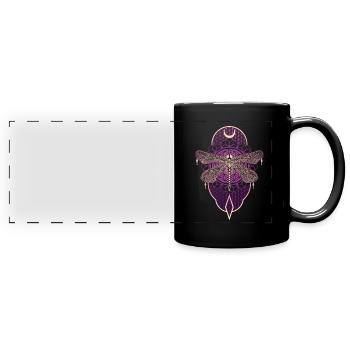 Magisches Libellen Mandala mit Blume des Lebens - Panorama-Tasse farbig - Schwarz - Vorne