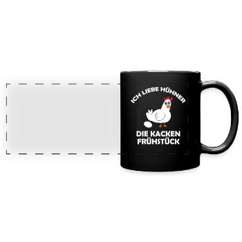 Ich liebe Hühner, die kacken Frühstück - Panorama-Tasse farbig - Schwarz - Vorne