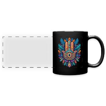 Spirituelle Hamsa Hand Federn Aesthetic Design - Panorama-Tasse farbig - Schwarz - Vorne