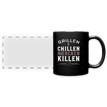 Grillen Chillen Bierchen Killen - Grillen Bier - Panorama-Tasse farbig - Schwarz - Vorne