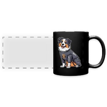 Niedlicher Australischer Schäferhund mit Eule - Panorama-Tasse farbig - Schwarz - Vorne