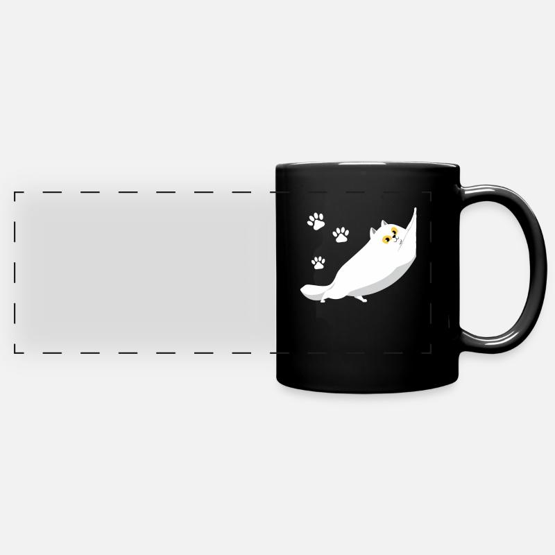 Chubby white cat stretching - Full Colour Panoramic Mug - black