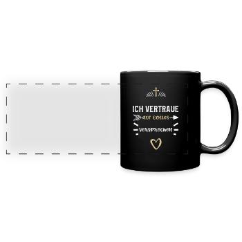 Ich vertraue auf Gottes Versprechen - Panorama-Tasse farbig - Schwarz - Vorne