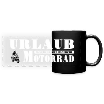 Urlaub beginnt auf meinem Motorrad Biker Spruch - Panorama-Tasse farbig - Schwarz - Vorne