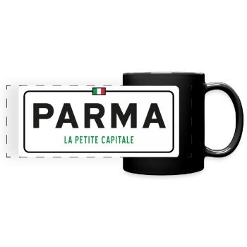Ortsschild von Parma - Panorama-Tasse farbig - Schwarz - Vorne