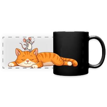 Schlafende Katze mit fröhlicher Maus  - Panorama-Tasse farbig - Schwarz - Vorne