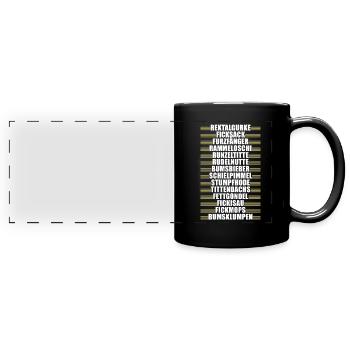 Rektalgurke, Furzfänger, Rammeloschi, Stumpfhode - Panorama-Tasse farbig - Schwarz - Vorne