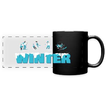 Winter Family Ski Sledges and Snowboarders - Full Colour Panoramic Mug - black - Front