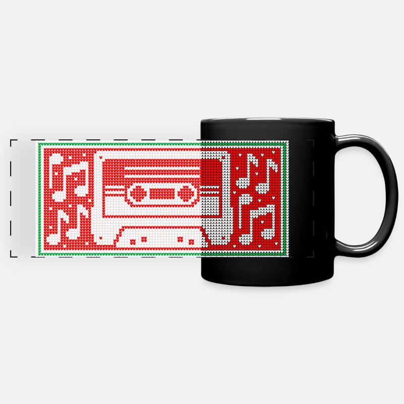 Christmas Pattern With Cassette Tape & Music Notes - Full Colour Panoramic Mug - black