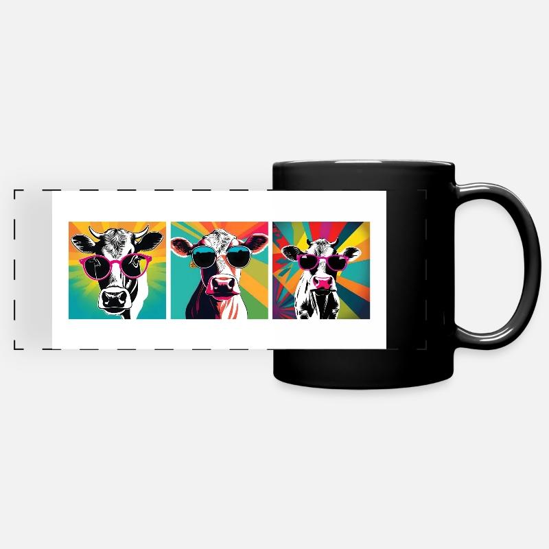 Mug - Modern Cool Neon Fun Cow Popart - Full Colour Panoramic Mug - black