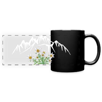 Alpen Edelweiß vor Berggruppe - Panorama-Tasse farbig - Schwarz - Vorne
