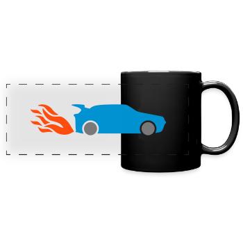 ★ Designfarben änderbar ★ Flammen am Auspuff - Panorama-Tasse farbig - Schwarz - Vorne