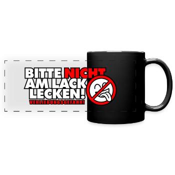 Bitte nicht am Lack lecken! Verliebungsgefahr! - Panorama-Tasse farbig - Schwarz - Vorne