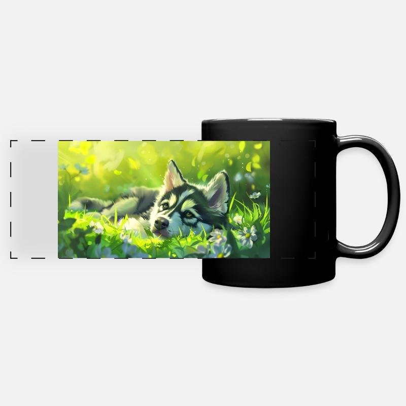 Drawing style puppy in green grass - Full Colour Panoramic Mug - black