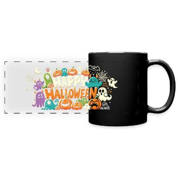 Lustige "Happy Halloween" Tassen mit Monstern - Panorama-Tasse farbig - Schwarz - Vorne