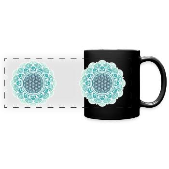 Mandala, Blume des Lebens, Türkis, Spiritualität - Panorama-Tasse farbig - Schwarz - Vorne