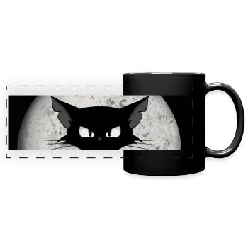 Cat with Full Moon in Black and White Sticker Shirt - Full Colour Panoramic Mug - black - Front