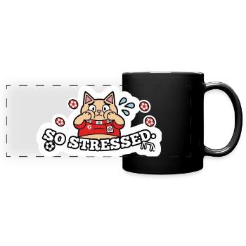 Lustige gestresste Fußball-Fankatze Fußball-Aufkleber-Kunst - Panorama-Tasse farbig - Schwarz - Vorne