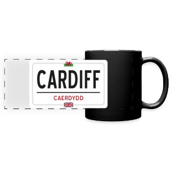 Ortsschild Cardiff - Panorama-Tasse farbig - Schwarz - Vorne