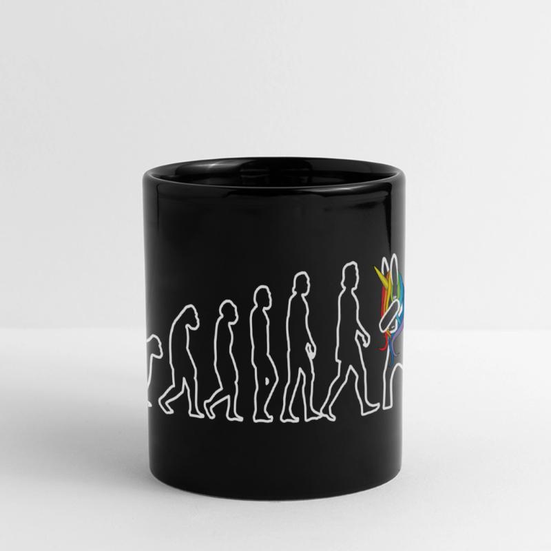 Evolution Einhorn dabbend Panorama-Tasse farbig