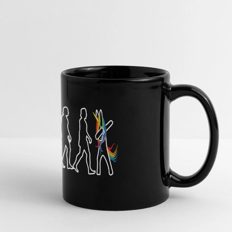 Evolution Einhorn dabbend Panorama-Tasse farbig