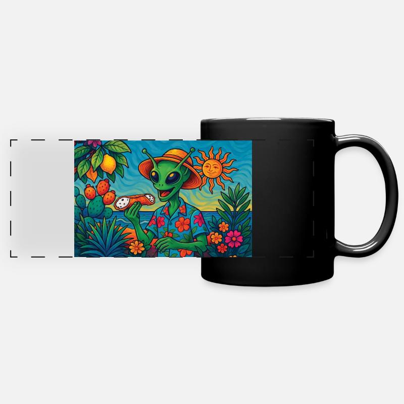 Alien in Sicily with Cannolo Funny Pop Art - Full Colour Panoramic Mug - black