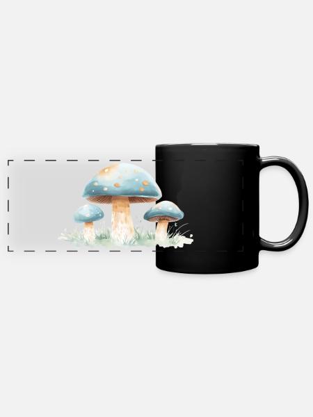 hellblaue Pilze, Aquarelldesign - coole Pilze - Panorama-Tasse farbig - Schwarz