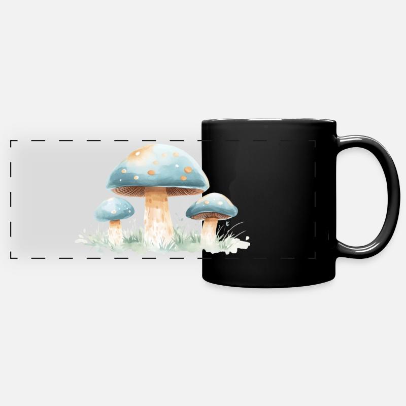 hellblaue Pilze, Aquarelldesign - coole Pilze - Panorama-Tasse farbig - Schwarz