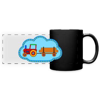 Roter Traktor / Traktor mit Hänger - Panorama-Tasse farbig - Schwarz - Vorne