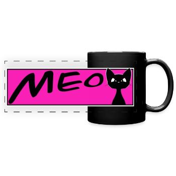 süße Katze MEOW Katzen Kater Miezekatze - Panorama-Tasse farbig - Schwarz - Vorne